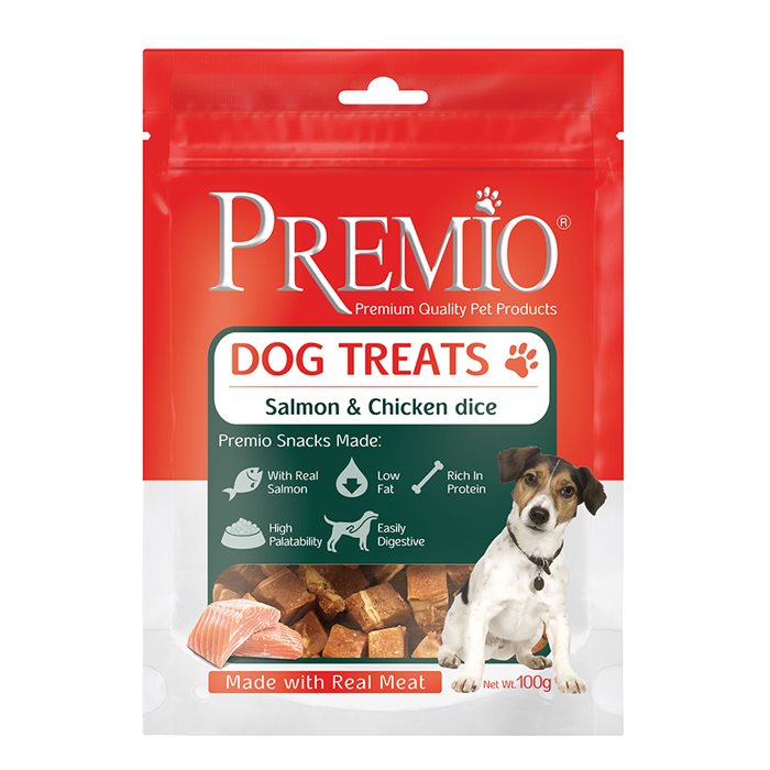 חטיף פרמיו לכלב קוביות סלמון ועוף 100 גרם