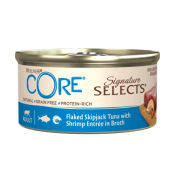 שימור וולנס קור נתחי טונה ושרימפס ברוטב לחתולים בוגרים 79 גרם Wellness CORE