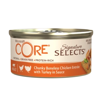 שימור וולנס קור שבבי פילה עוף והודו ברוטב לחתולים בוגרים 79 גרם Wellness CORE