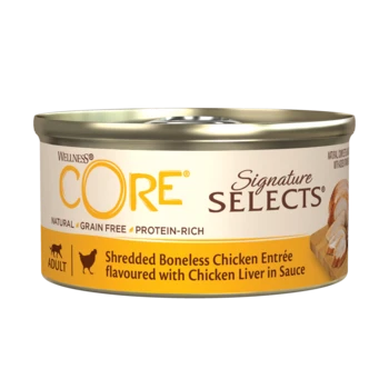 שימור וולנס קור שבבי פילה עוף וכבד ברוטב לחתולים בוגרים 79 גרם Wellness CORE